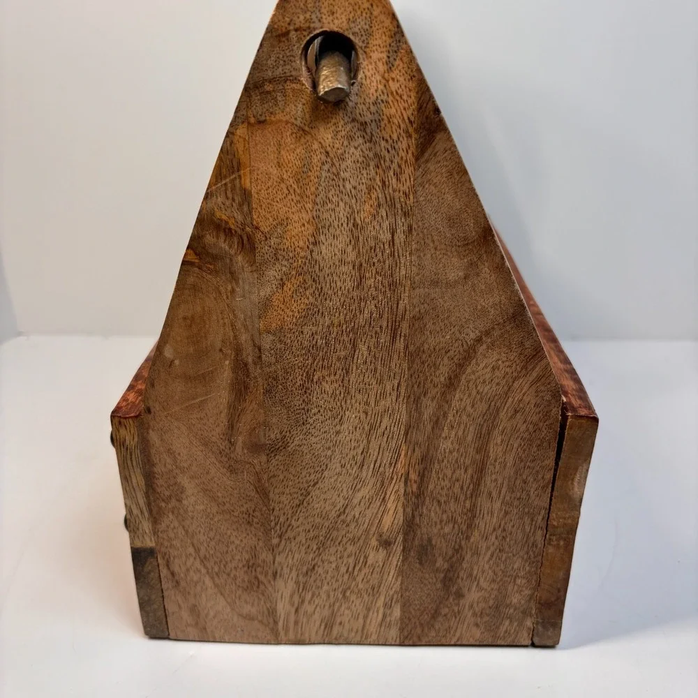 Rustic Pine Wooden Tote Box Antler Handle Primitive Farmhouse Tool Utensil Caddy